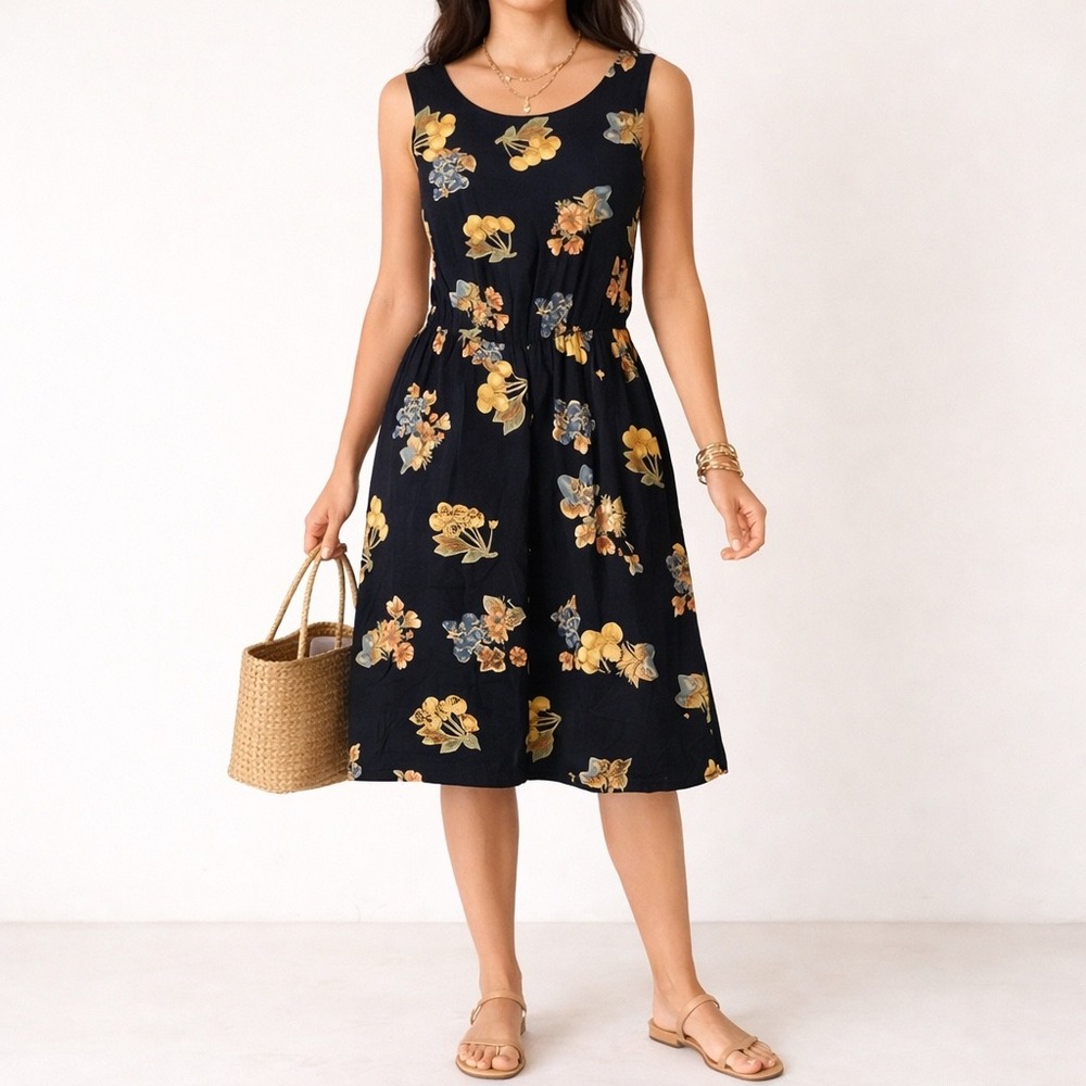Vintage 90s Moda International Floral Fruit Print Dress Black‎ Midi Rayon Medium